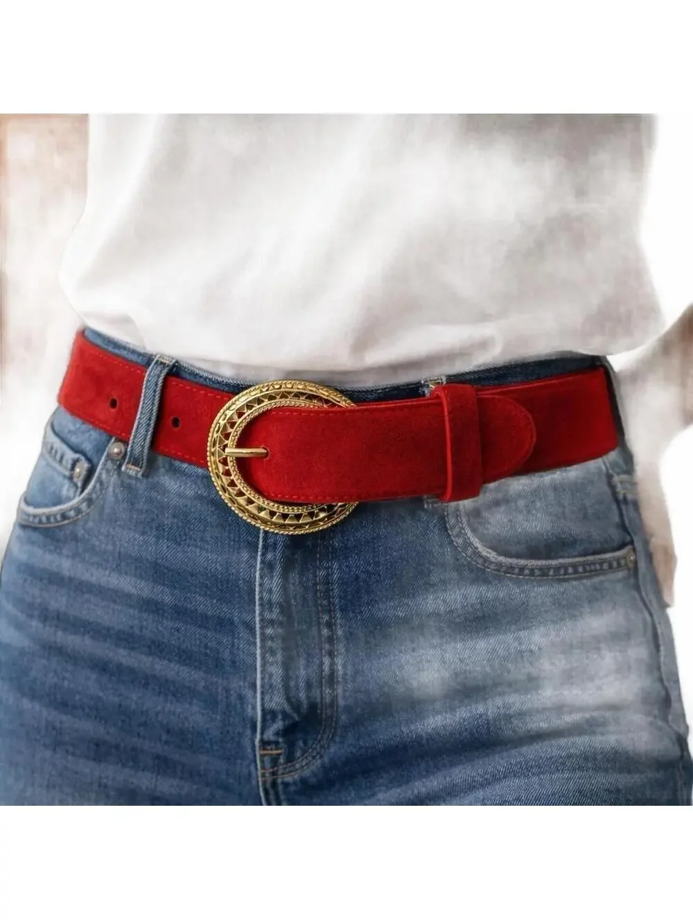 Vintage Liz Claiborne Red Suede Belt Gold Buckle 80s Medium Classic